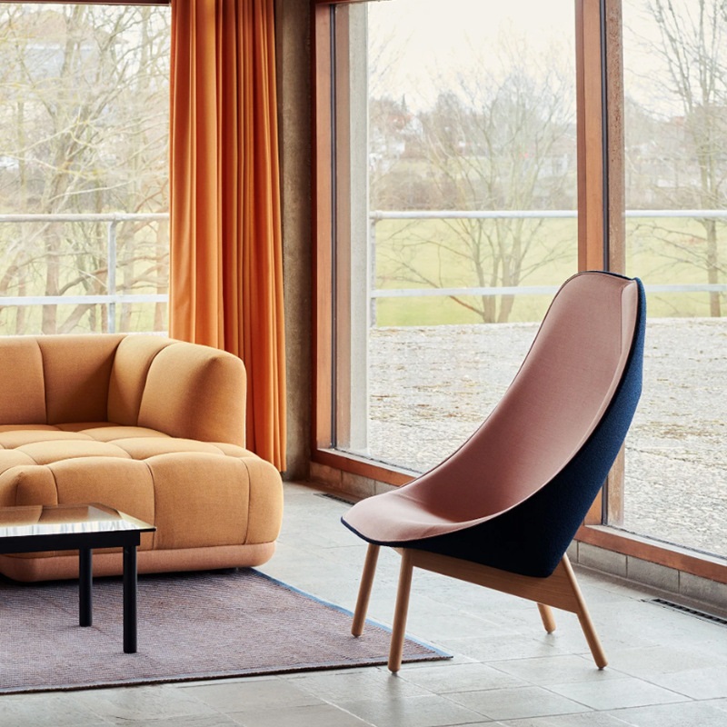 pink nordic fan shaped lounge chair side view
