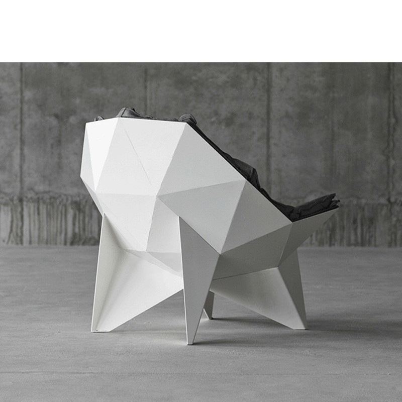 white minimalist fiberglass sofa chair rear view